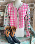 Pink plaid cardigan with ruffle sleeves