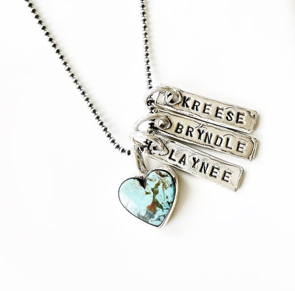 Custom sterling 3 tag name tag necklace with turquoise heart