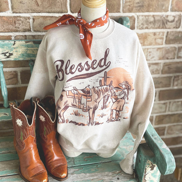 Bleached blessed cowgirl and horse graphic sweatshirt