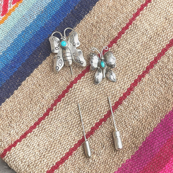 Vintage Navajo made sterling and turquoise butterfly hat pins