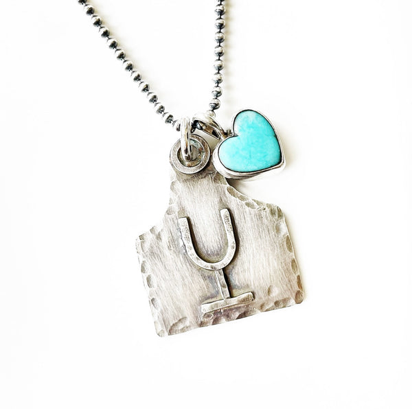 Custom sterling medium ear tag ranch brand necklace with turquoise heart