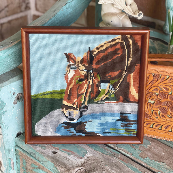 Vintage 9.5” x 9.5” needlepoint horse picture