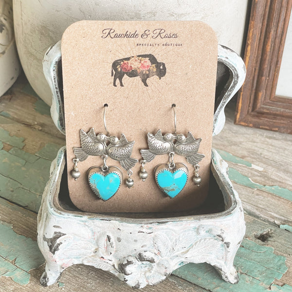 Vintage sterling turquoise heart bird earrings