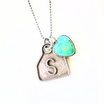 Handmade sterling silver ear tag initial necklace with turquoise heart