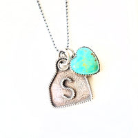 Handmade sterling silver ear tag initial necklace with turquoise heart