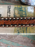 Vintage 32” tooled leather backstitch belt and angus buckle