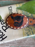 Vintage 32” tooled leather backstitch belt and angus buckle