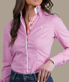 Pink and white check Fior Da Liso show shirt with floral contrasting detail