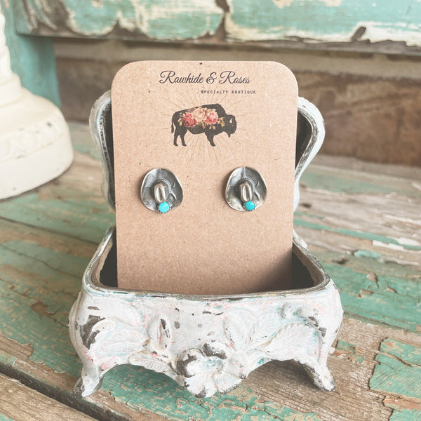 Sterling silver cowboy hat stud earrings with turquoise stone