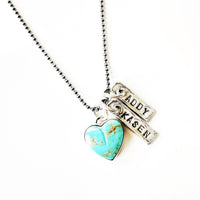 Custom handmade sterling name tag necklace with turquoise heart