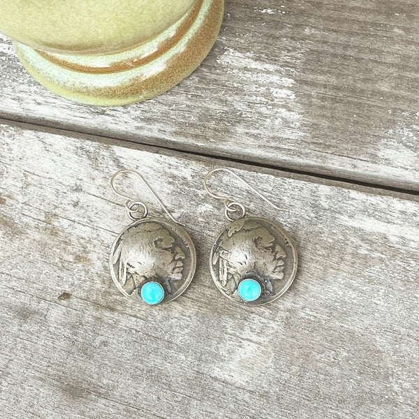 Handmade sterling buffalo nickel earrings with turquoise stones