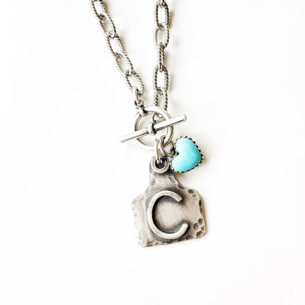 18” sterling toggle necklace with initial ear tag and turquoise heart