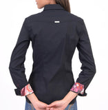 Black show shirt with floral cuffs and zipper chest