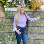 Lavender show shirt with floral cuffs and zipper chest