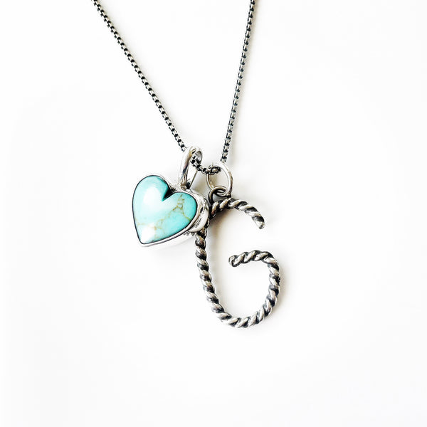 Sterling rope initial and turquoise heart necklace