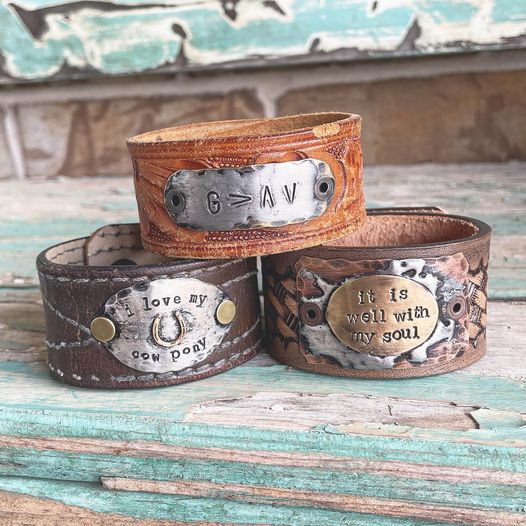 Hand stamped leather cuff bracelets