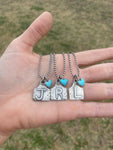 Hammered ear tag initial necklaces with sleeping beauty heart