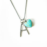 Handmade sterling silver rope initial necklace with turquoise heart