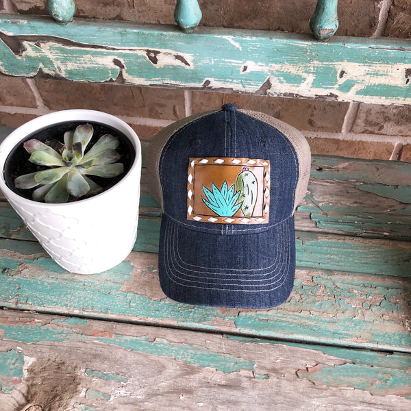 Hand tooled buck stitch cactus patch cap