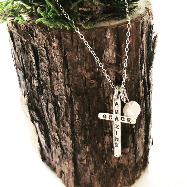 Sterling silver amazing grace cross necklace