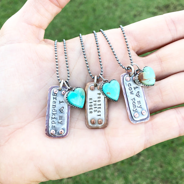 Copper hand stamped and turquoise heart necklaces