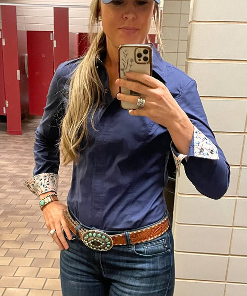 Navy blue show shirt with floral cuffs and zipper chest