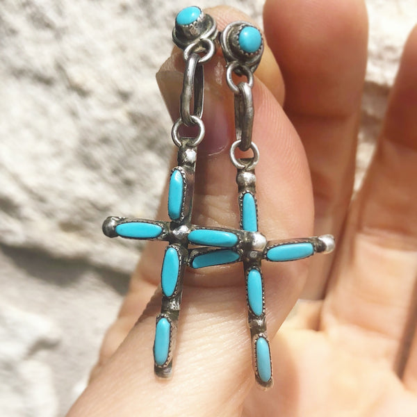 Vintage Zuni turquoise cross stud earrings