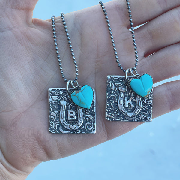 Handmade sterling silver turquoise heart initial necklace