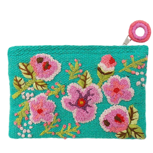 Hand embroidered turquoise zipper pouch