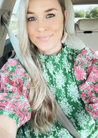 Green floral top with embroidered puff sleeves