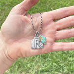 Handmade sterling initial ear tag and turquoise diamond necklace