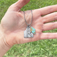 Handmade sterling initial ear tag and turquoise diamond necklace