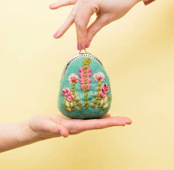 Hand embroidered turquoise felt coin purse