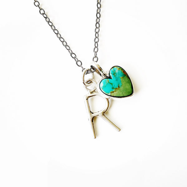 Handmade sterling silver single initial necklace with turquoise heart
