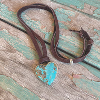 Handmade Kingman turquoise heart on 26” adjustable chocolate deerskin