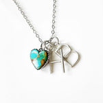 Handmade sterling double initial and turquoise heart necklace